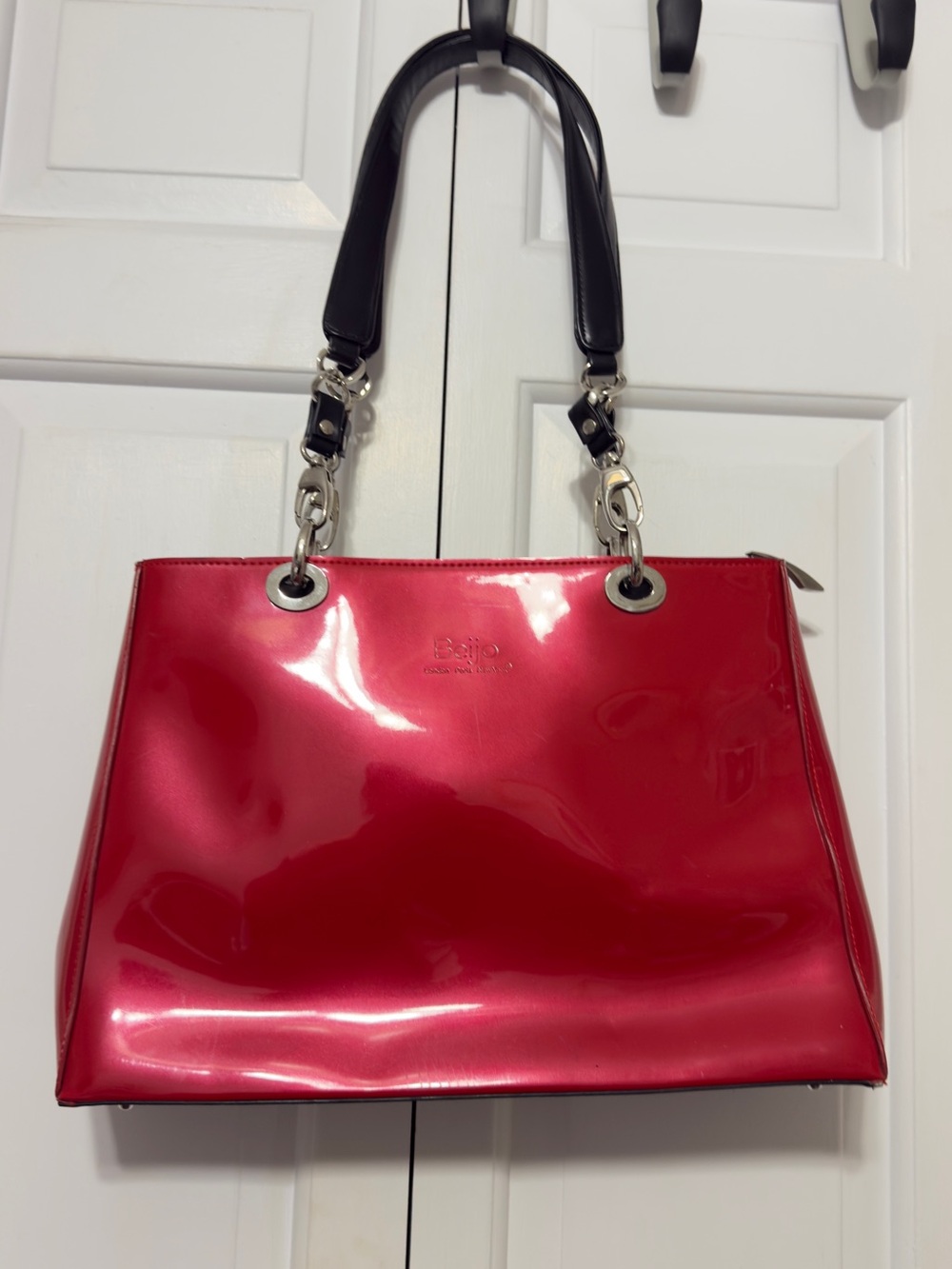 Beijo Red Patent Tote Bag with Black Handles